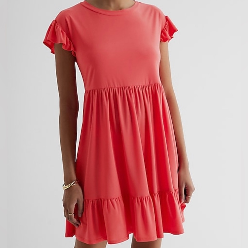 Express Crew Neck Ruffle Mini Babydoll Dress